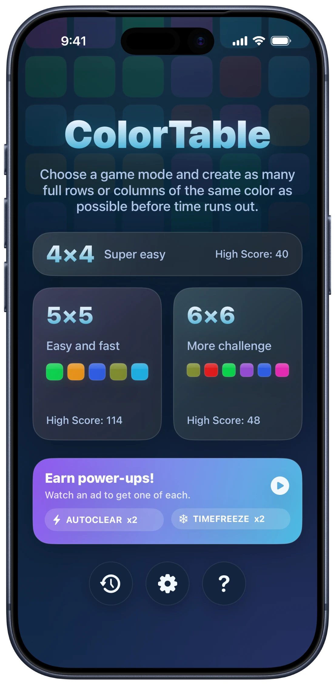 ColorTable, home screen.