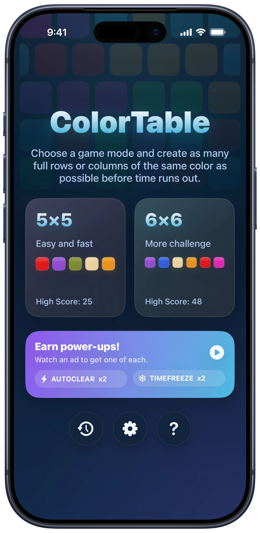 ColorTable, home screen.